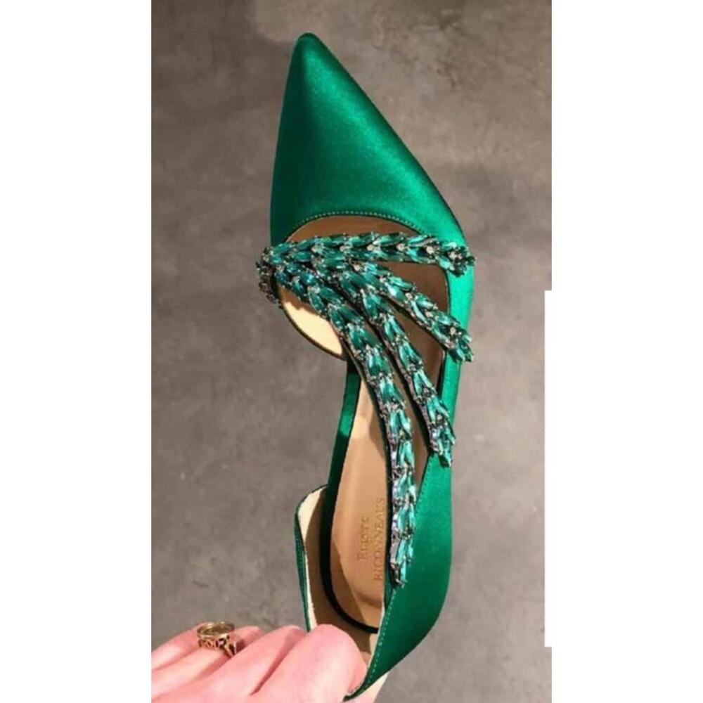 EUGENE RICONNEAUS GREEN SATIN/LEATHER STUDDED LEAF heels shoes ART 38 $1260